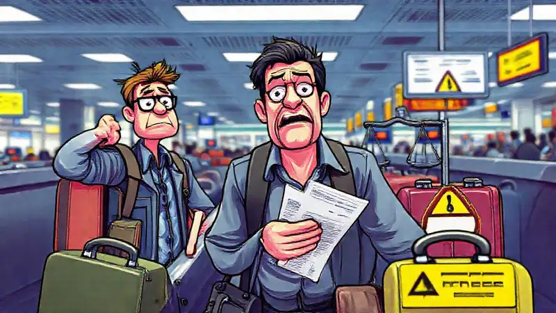 Viajero frustrado espera documentos en aeropuerto