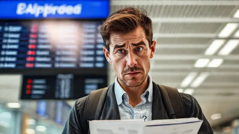 Un viajero frustrado revisa documentos legales