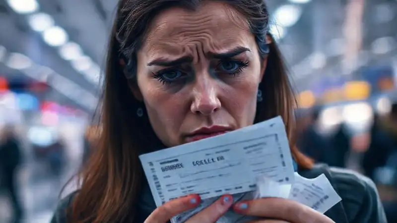 Una mujer afligida cancela su vuelo
