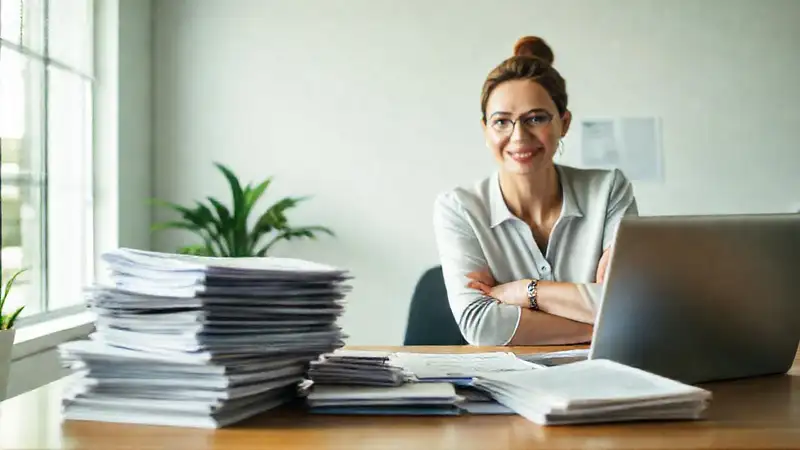 Una mujer profesional organiza documentos financieros
