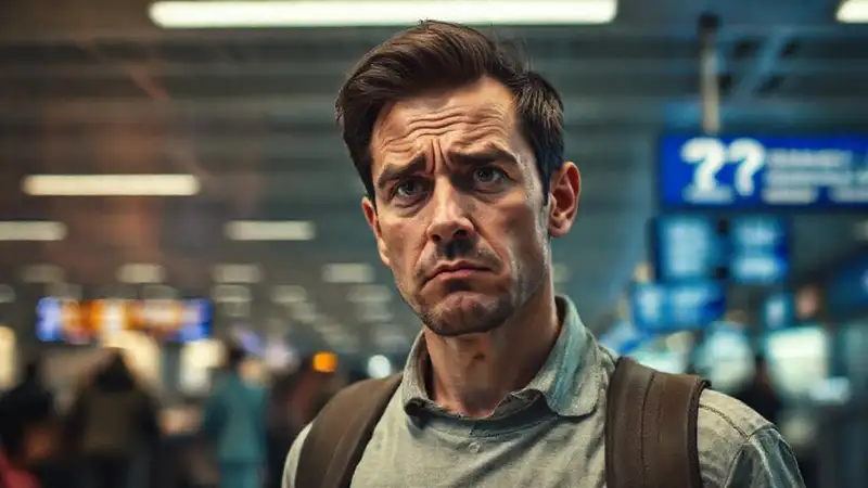 Un viajero frustrado busca ayuda en el aeropuerto