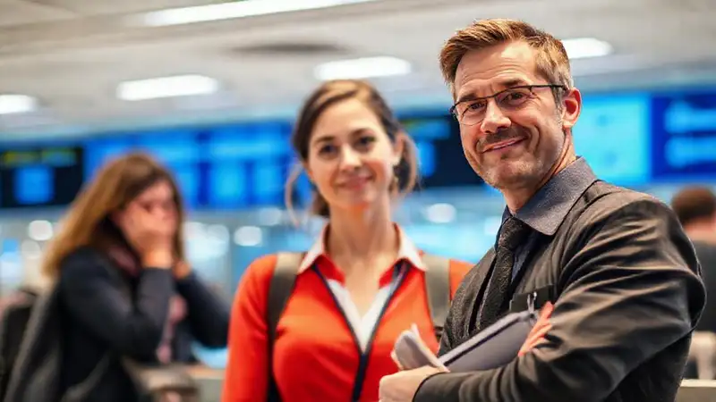Un agente calmado ayuda al viajero