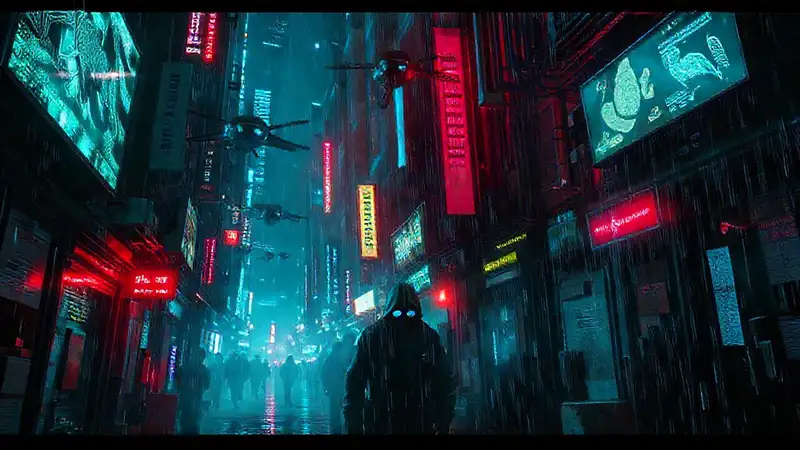 Ciudad cyberpunk oscura y tecnológicamente fragmentada