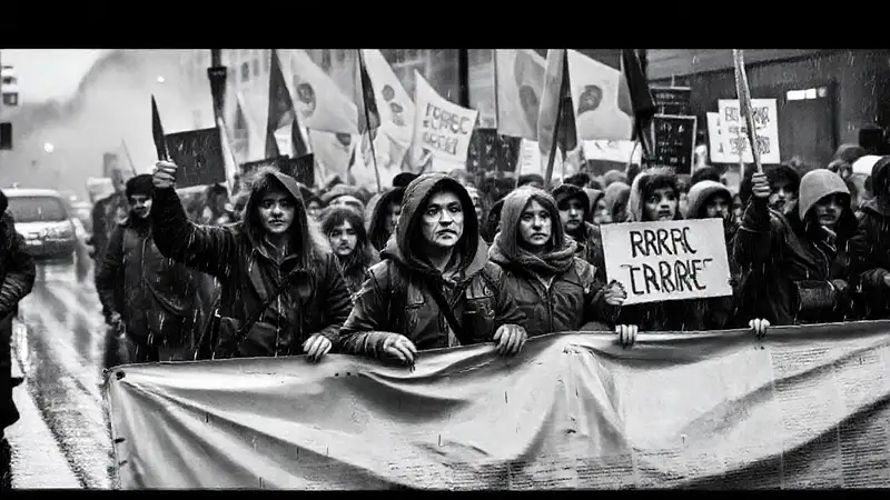 Una protesta gris y lluviosa se desarrolla