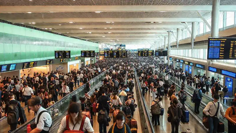Aeropuerto bullicioso y sostenible, visualmente cálido