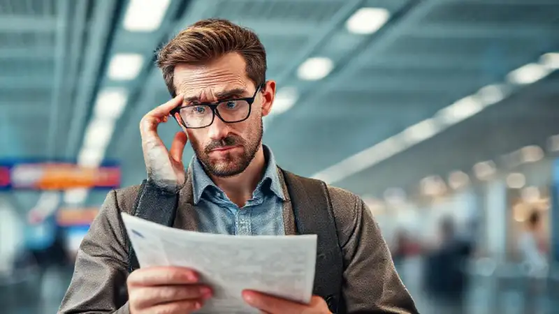 Viajero confundido, documentos legales, frustración en aeropuerto