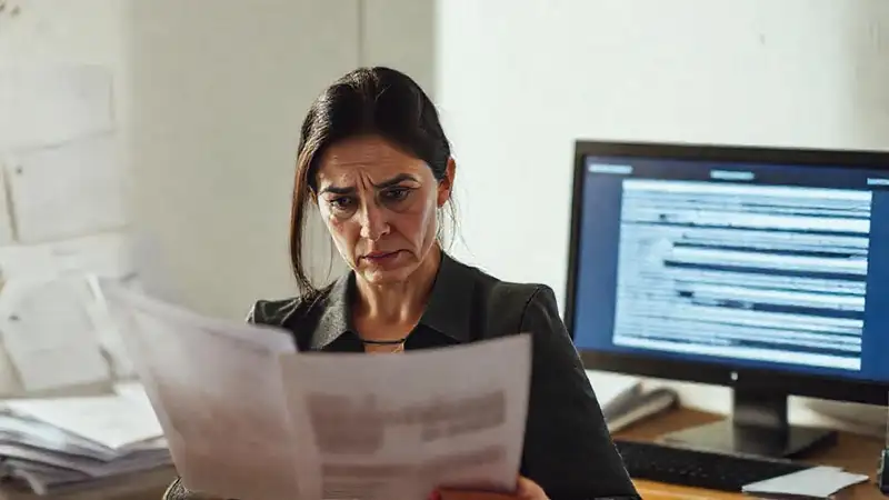 Una mujer lucha con documentos legales