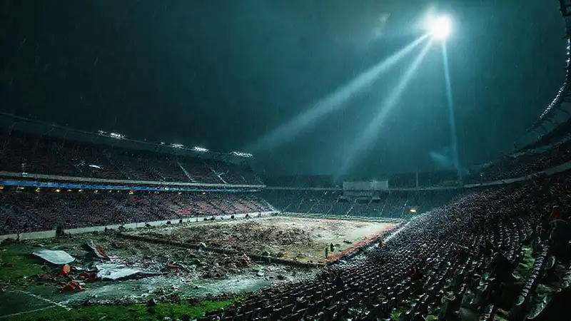 La lluvia revela un estadio destrozado