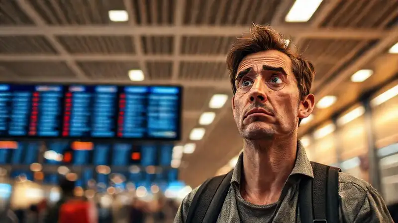 Un viajero confundido espera su vuelo