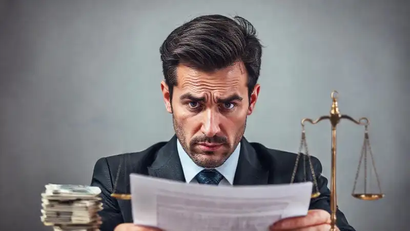 Un hombre confuso enfrenta documentos legales y dinero