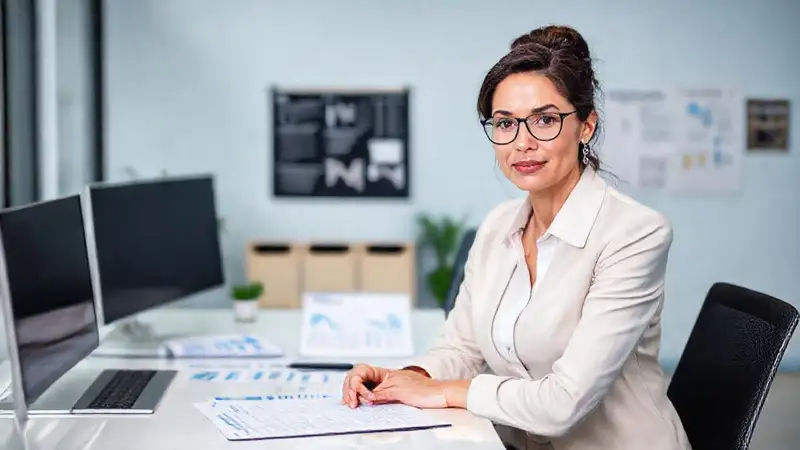 Una mujer profesional enfocada resuelve problemas
