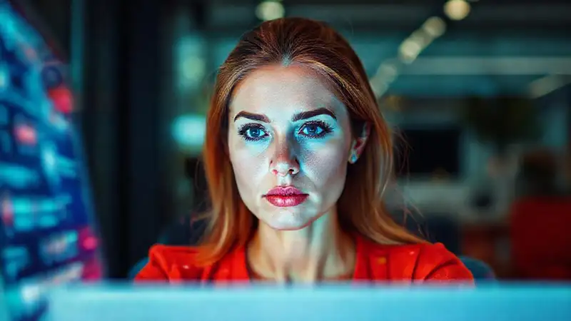 Una mujer reflexiva trabaja en diseño digital