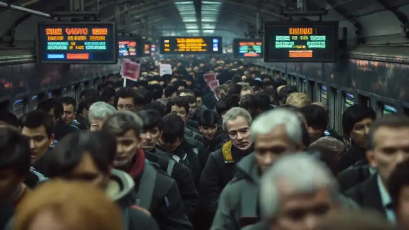 Estación abarrotada, pasajeros preocupados, huelga palpable