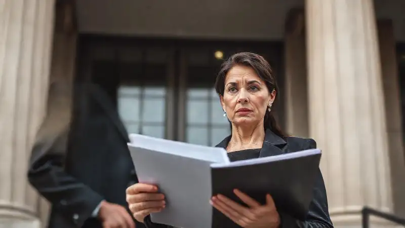 Una mujer seria revisa documentos oficiales