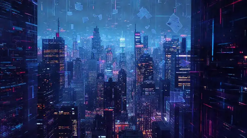 Ciudad futurista, pantallas digitales y caos