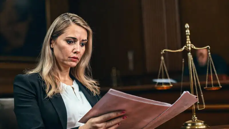Una mujer lee documentos legales preocupada