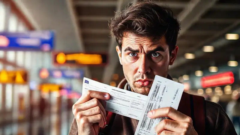 Viajero ansioso busca billete en aeropuerto