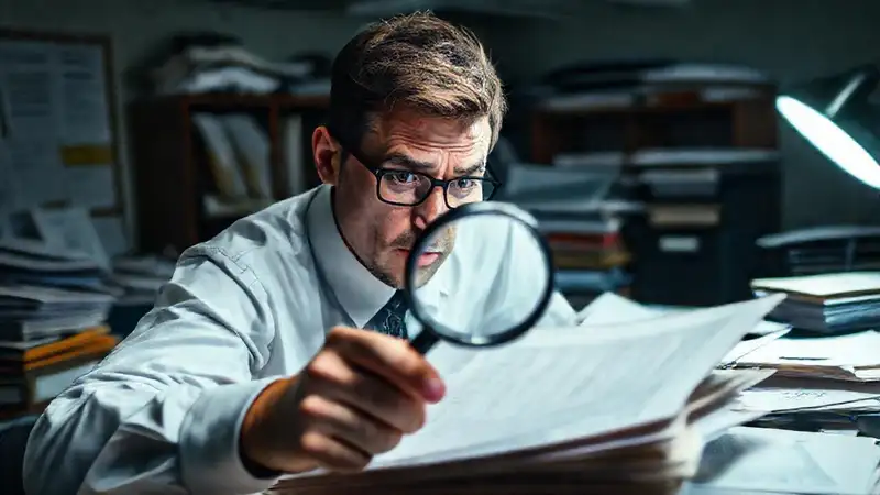 Un profesional examina documentos cruciales con atención