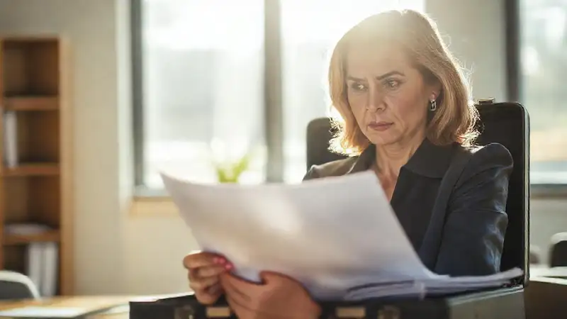 Mujer evalúa documentos legales con esperanza