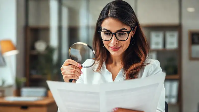 La mujer lee documentos legales con confianza