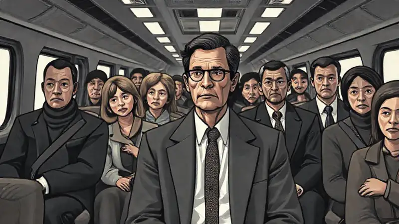 Un oficial serio observa pasajeros diversos