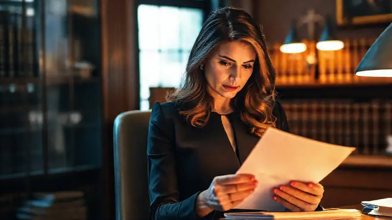 Una mujer elegante lee una carta preocupada